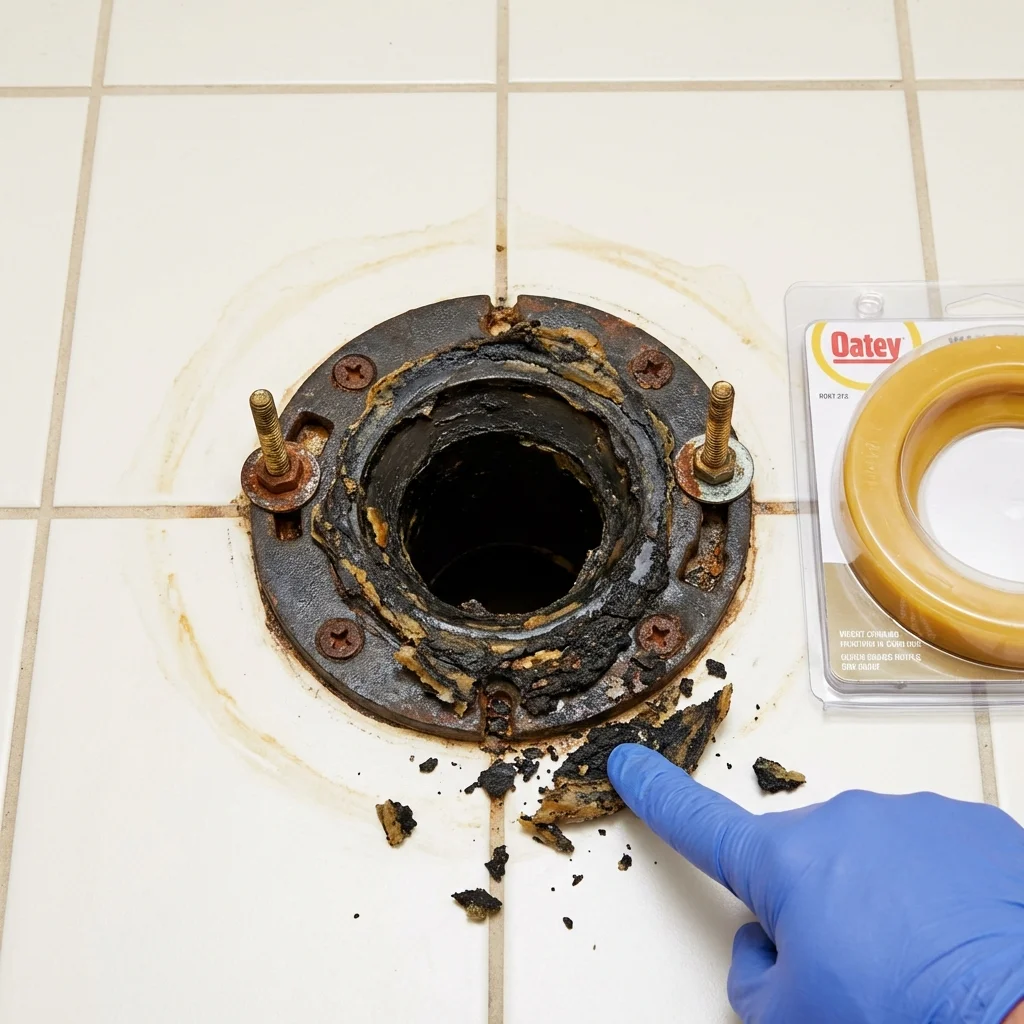 Failed wax ring showing water seepage at the base of a toilet in a Pendleton, OR home