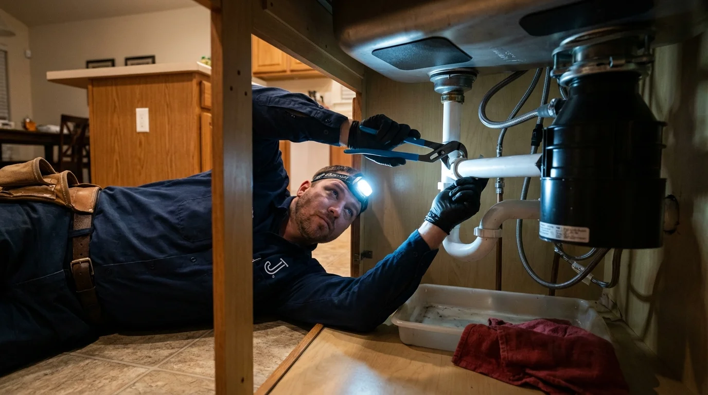 P-trap and supply line connections under a kitchen sink showing a common leak point in Pendleton, OR